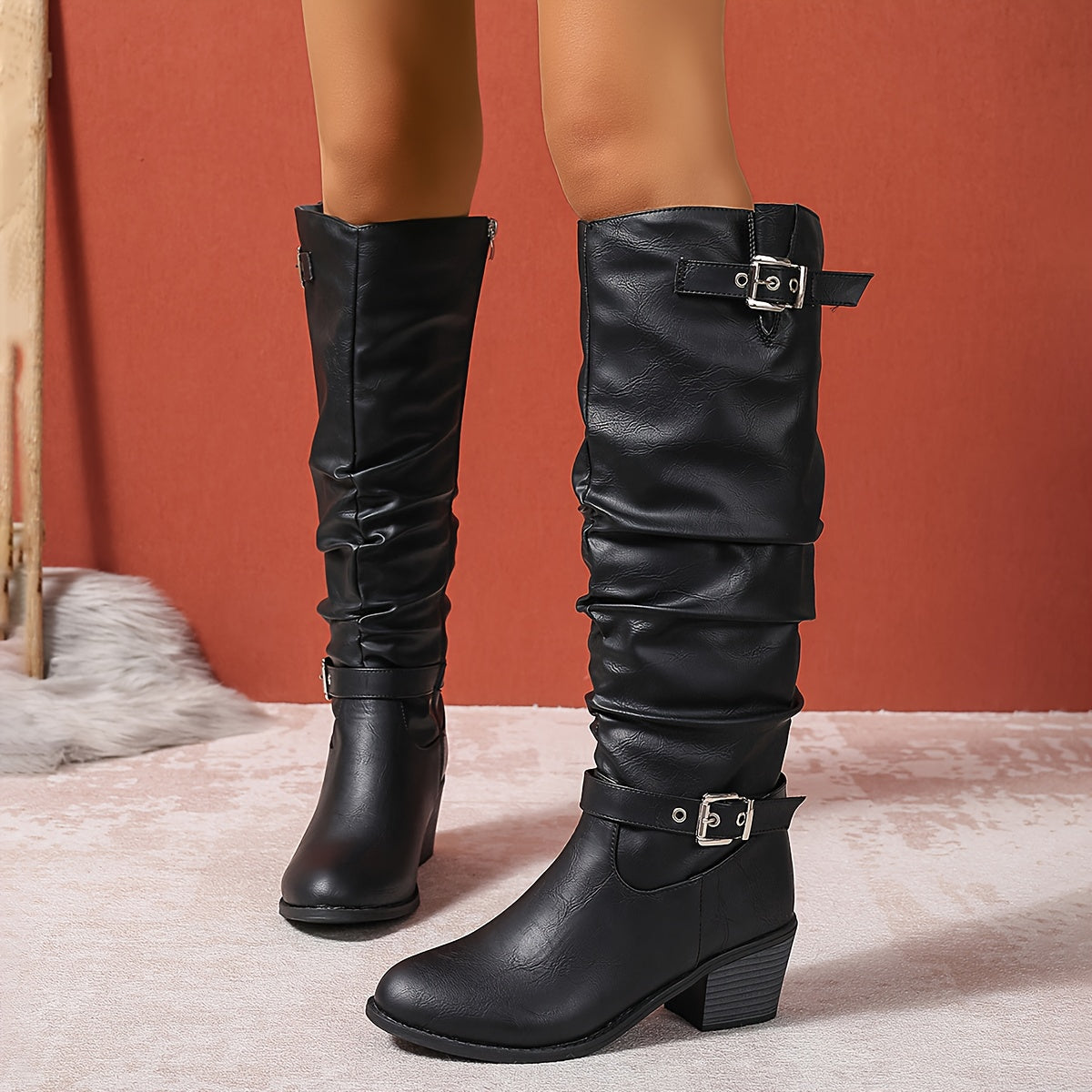 Women's Block Heel Slouch Shaft Boots with Buckles