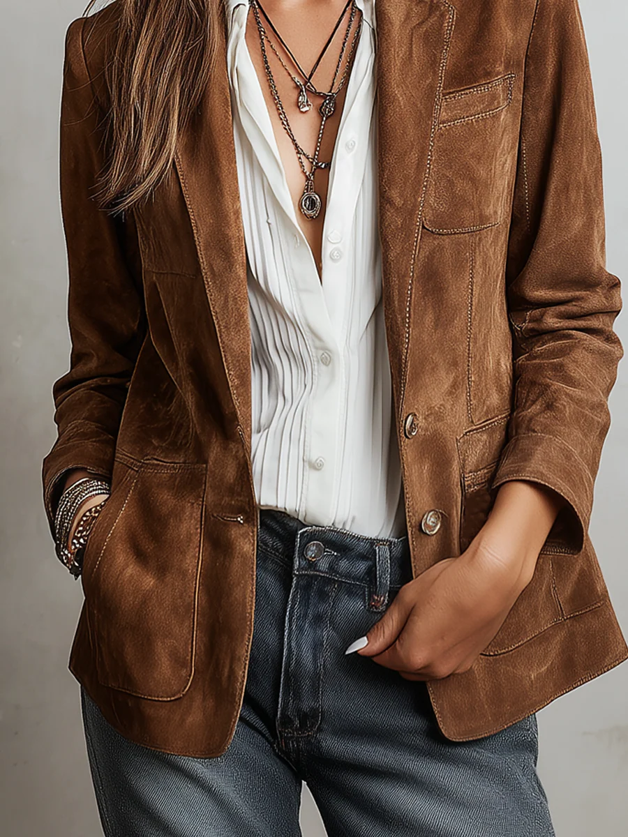 Women's Soft Suede Buttoned Blazer for Work
