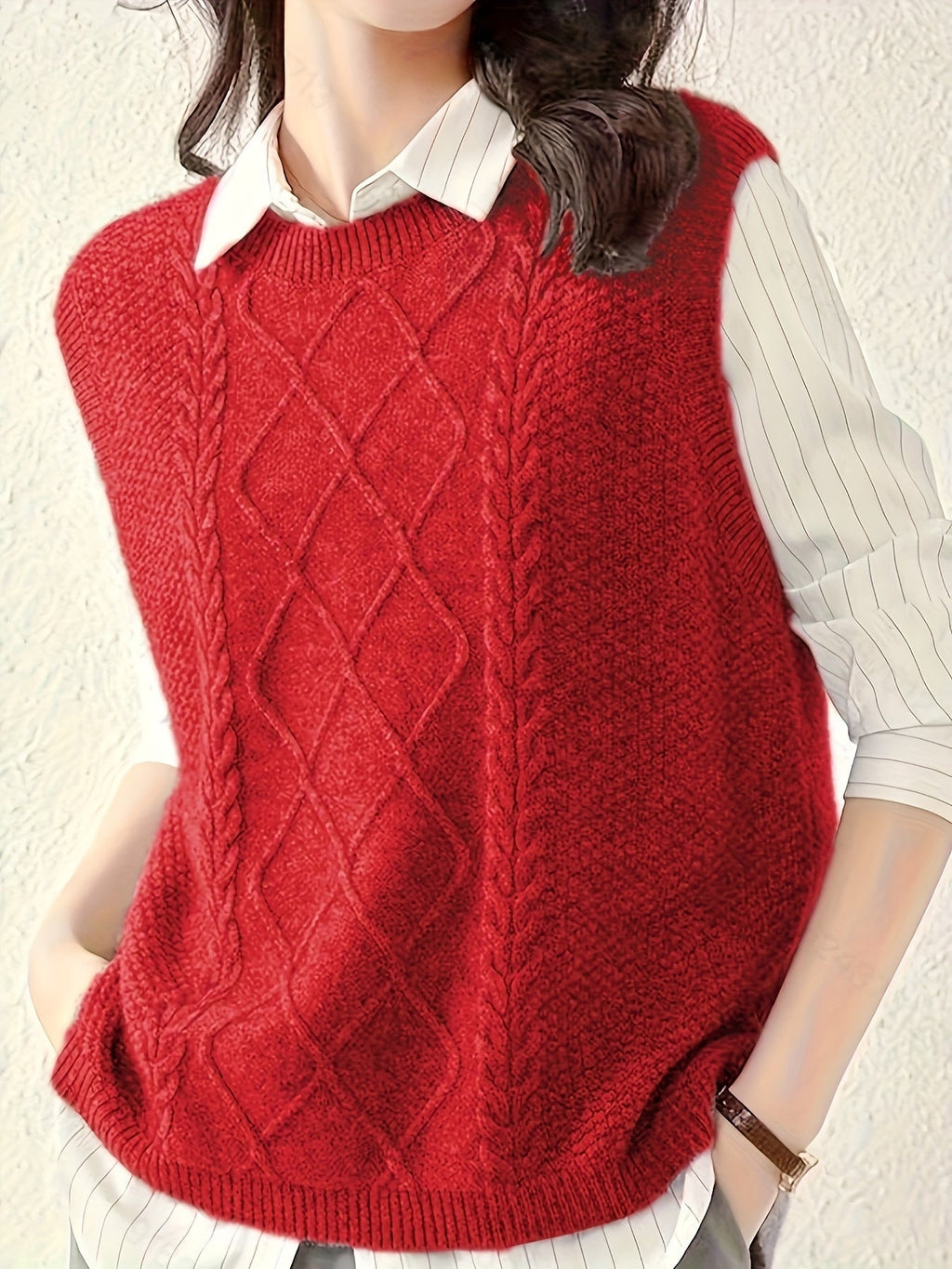 Women's Classic Cable-Knit Crew Neck Sleeveless Sweater Vest