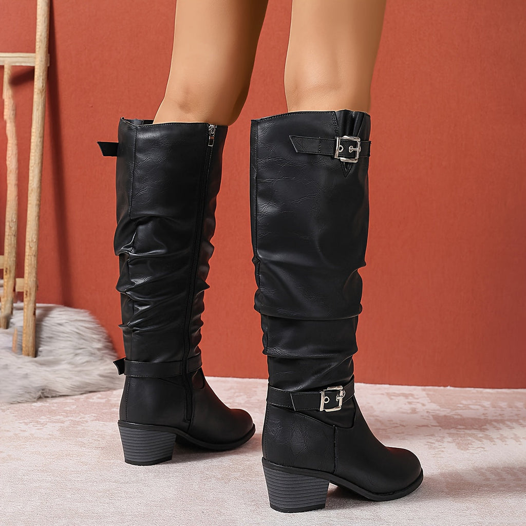 Women's Block Heel Slouch Shaft Boots with Buckles