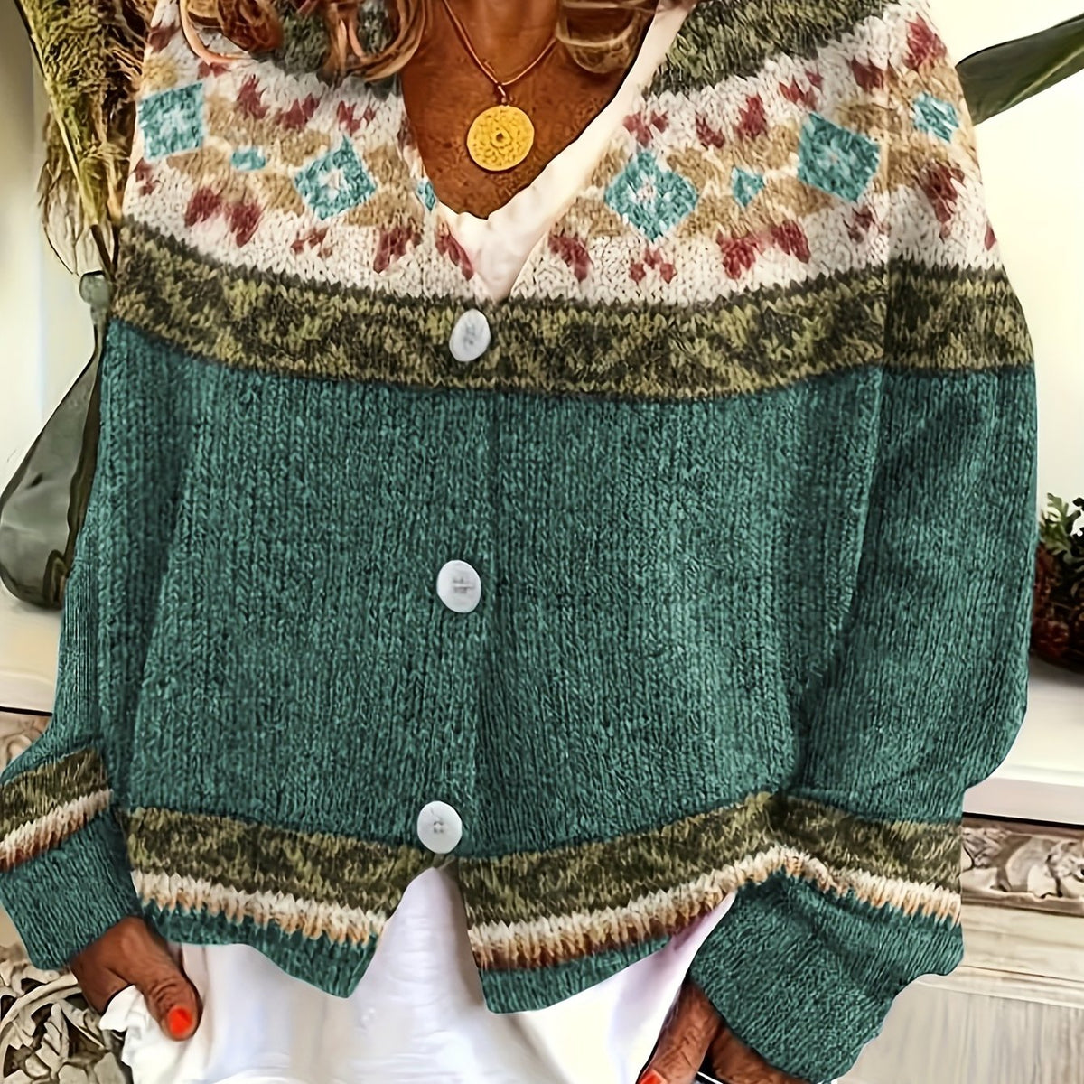Women's Soft Knit Cardigan Sweater with Geometric Yoke Design