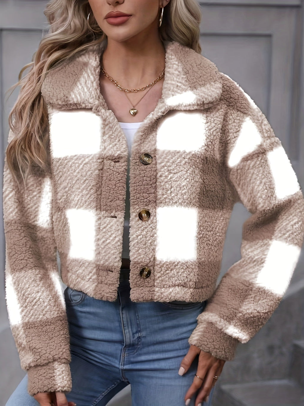 Women's Soft Plaid Cropped Button-Down Jacket