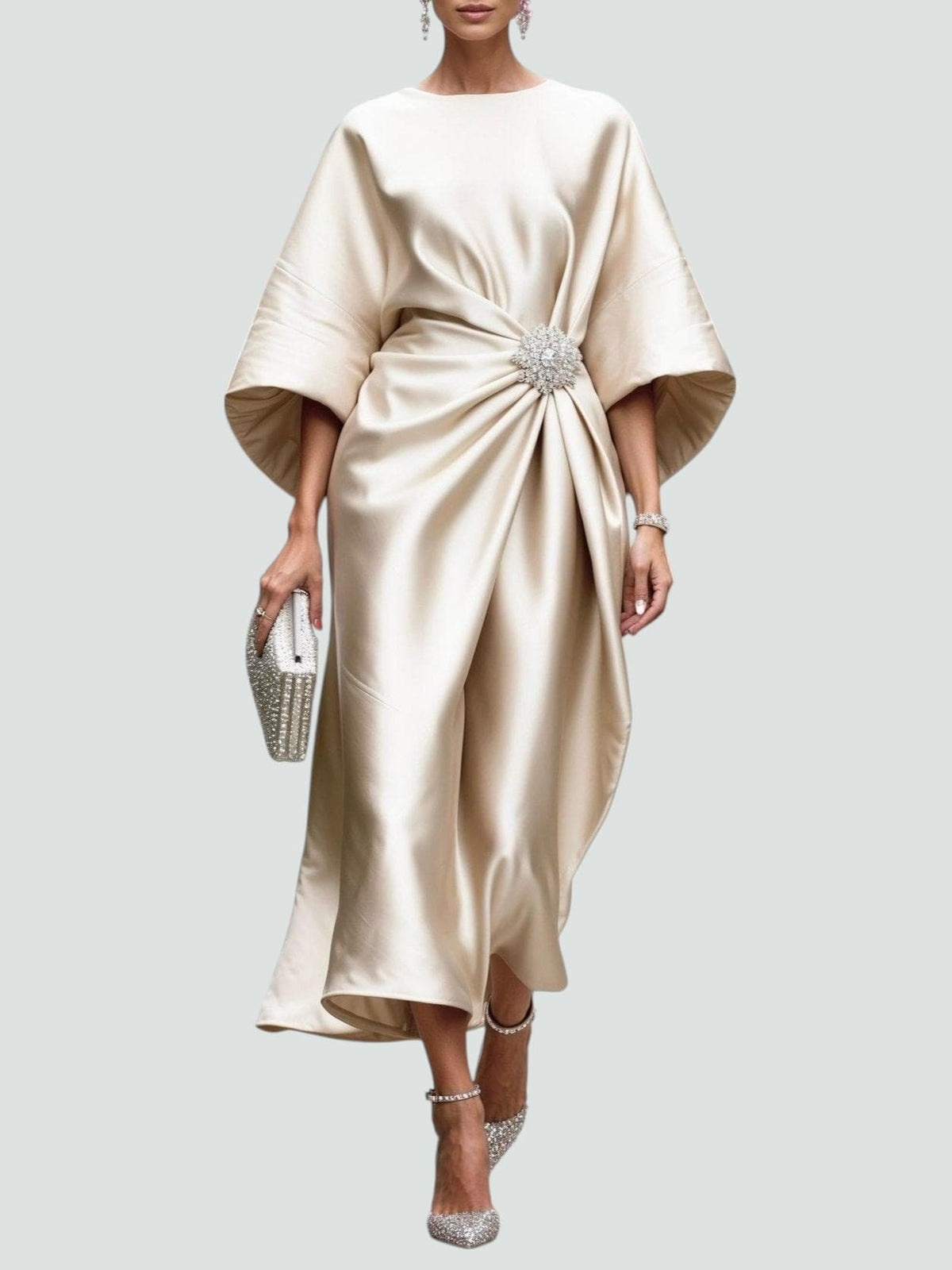 Women's Formal Event Maxi Dress with Brooch and Cape Sleeves
