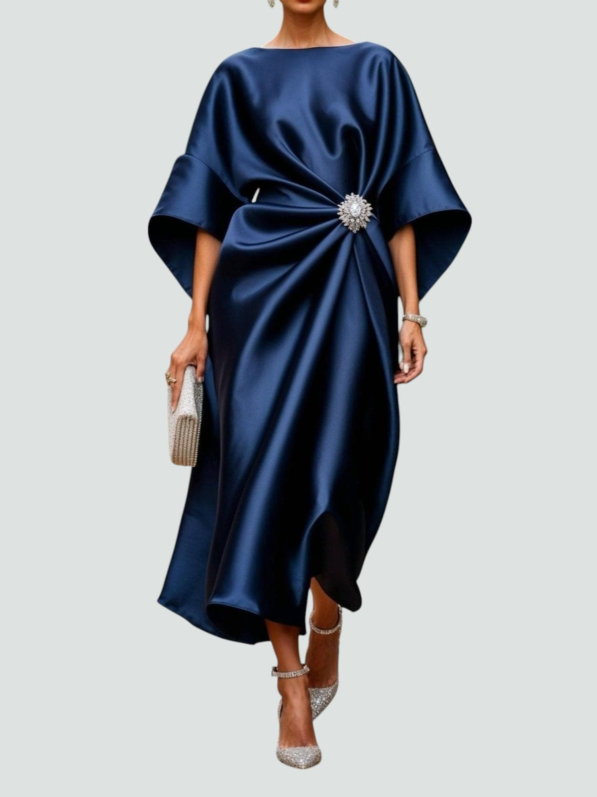 Women's Formal Event Maxi Dress with Brooch and Cape Sleeves