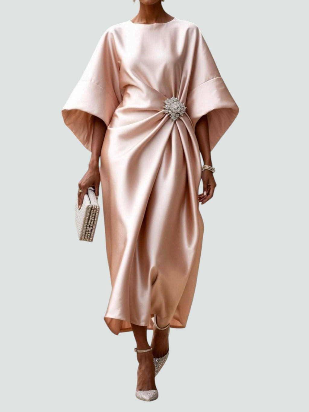 Women's Formal Event Maxi Dress with Brooch and Cape Sleeves