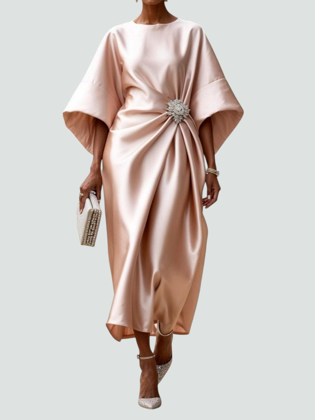 Women's Formal Event Maxi Dress with Brooch and Cape Sleeves