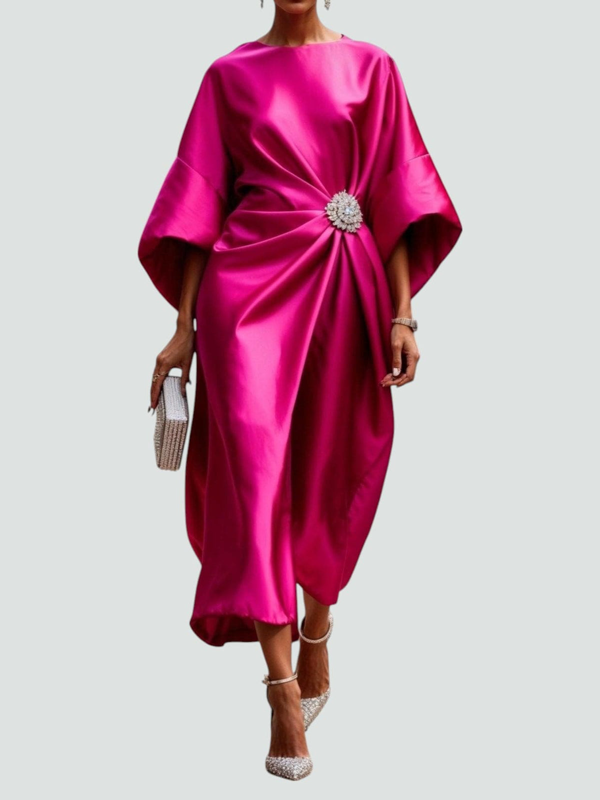 Women's Formal Event Maxi Dress with Brooch and Cape Sleeves