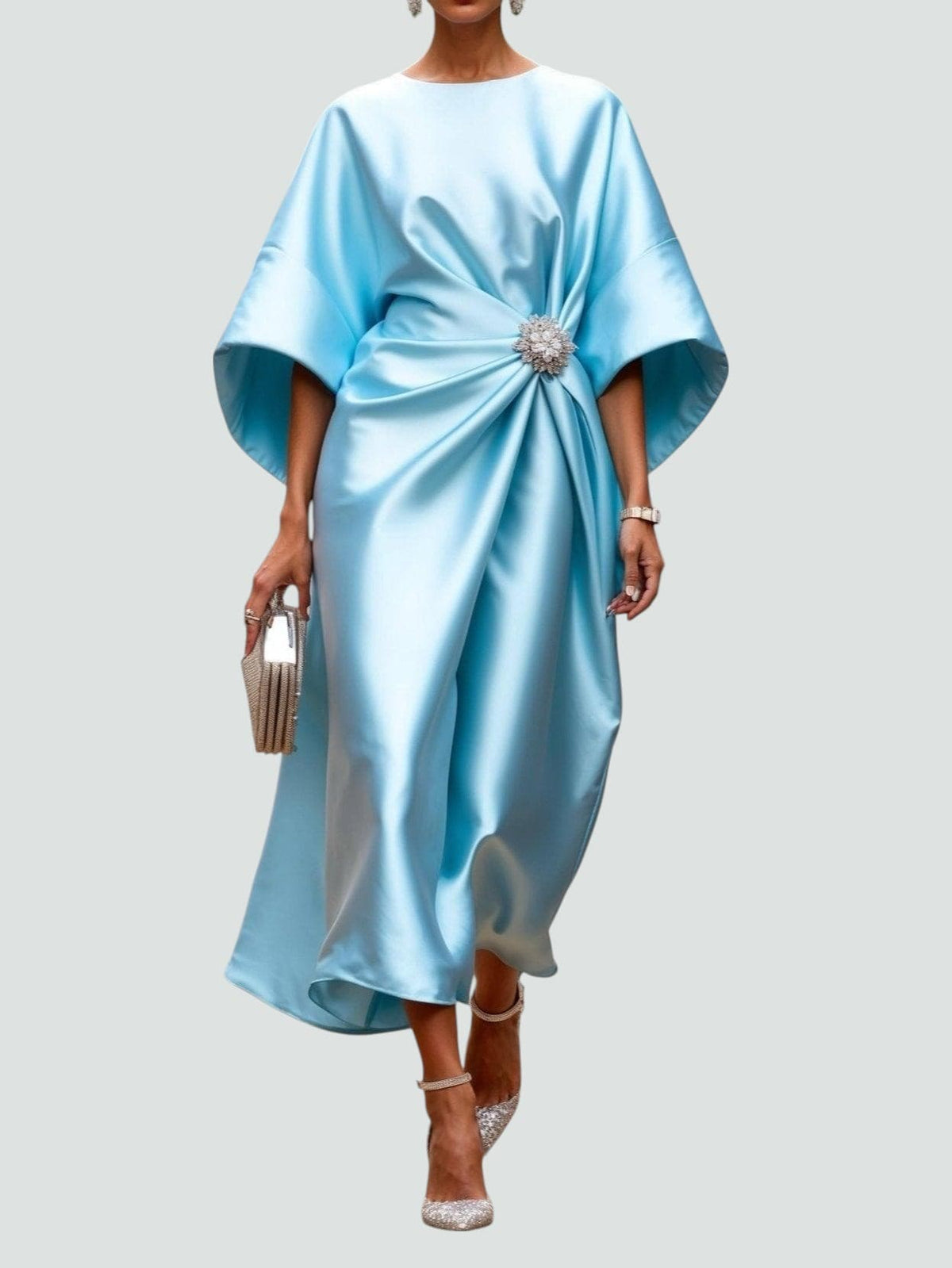Women's Formal Event Maxi Dress with Brooch and Cape Sleeves
