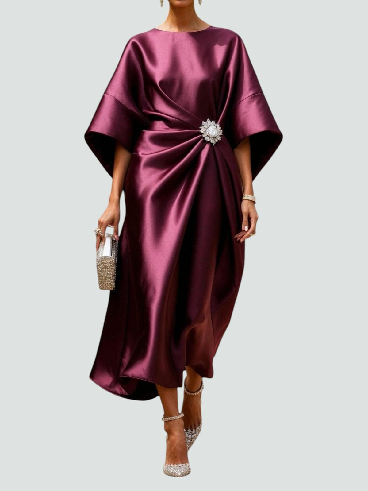 Women's Formal Event Maxi Dress with Brooch and Cape Sleeves