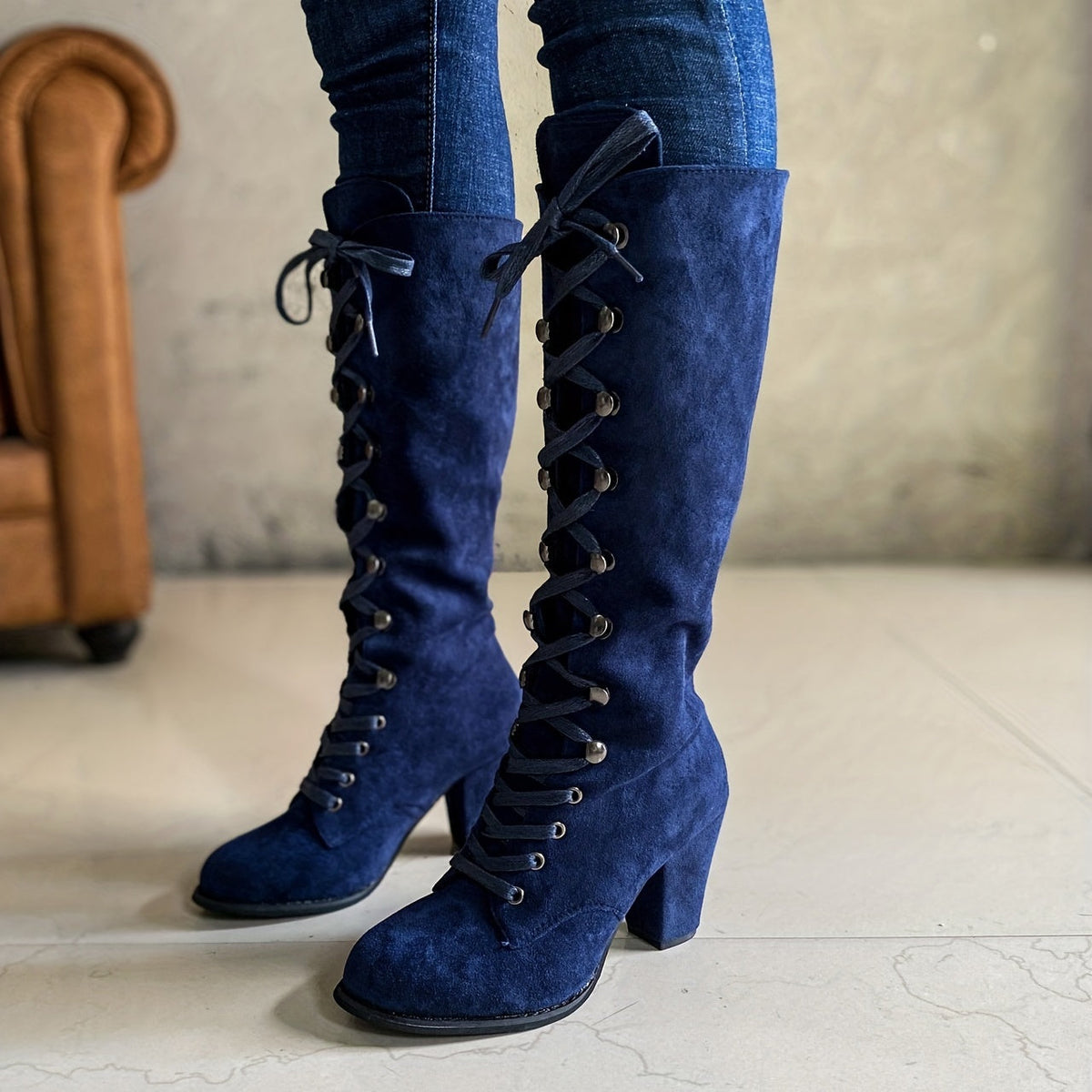 Women's Leg-Lengthening Chunky Heel Lace-Up Tall Boots