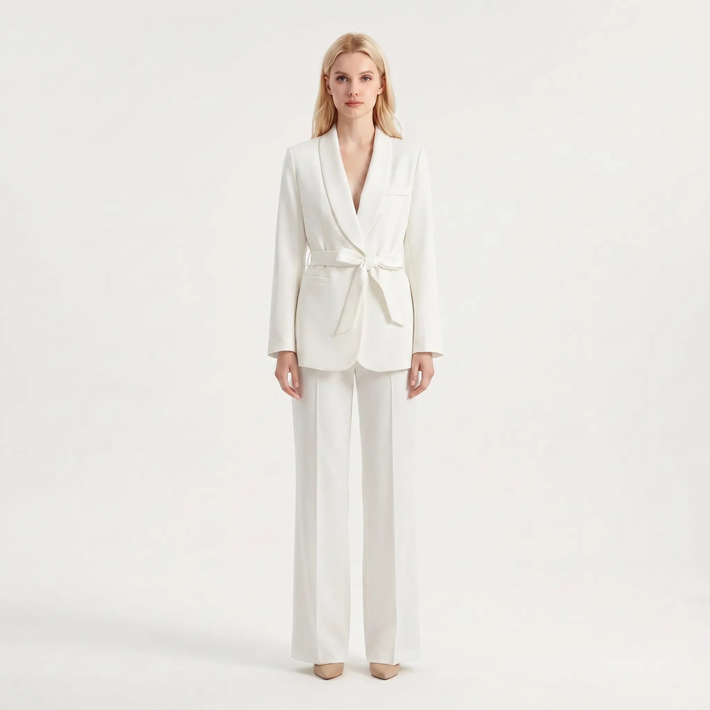 Women's Feminine Flowing Wide-Leg Pants Belted Suit Set