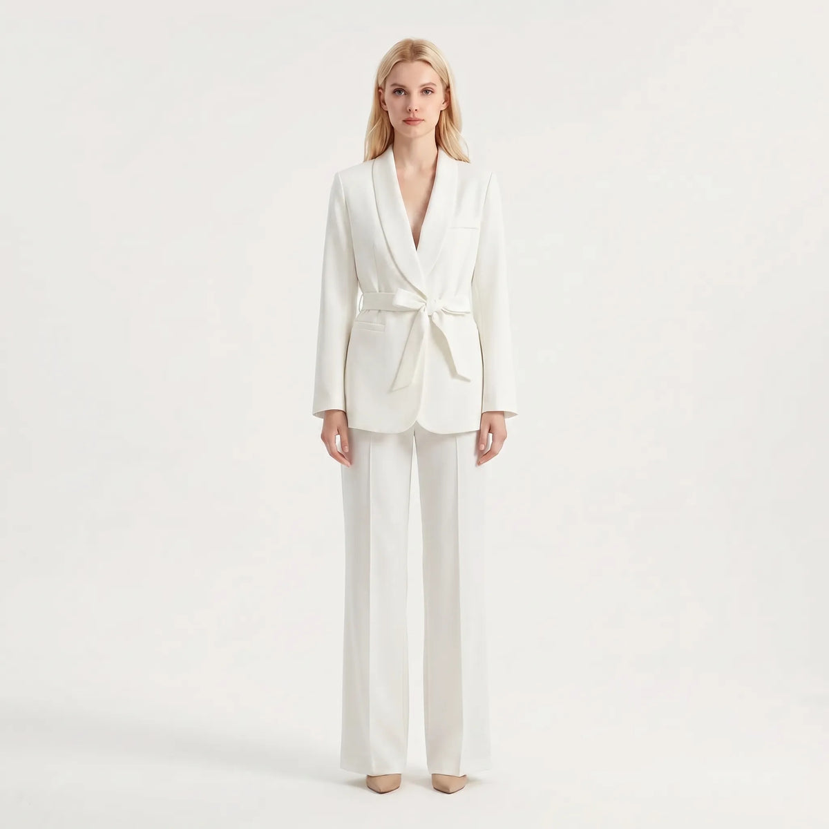 Women's Feminine Flowing Wide-Leg Pants Belted Suit Set