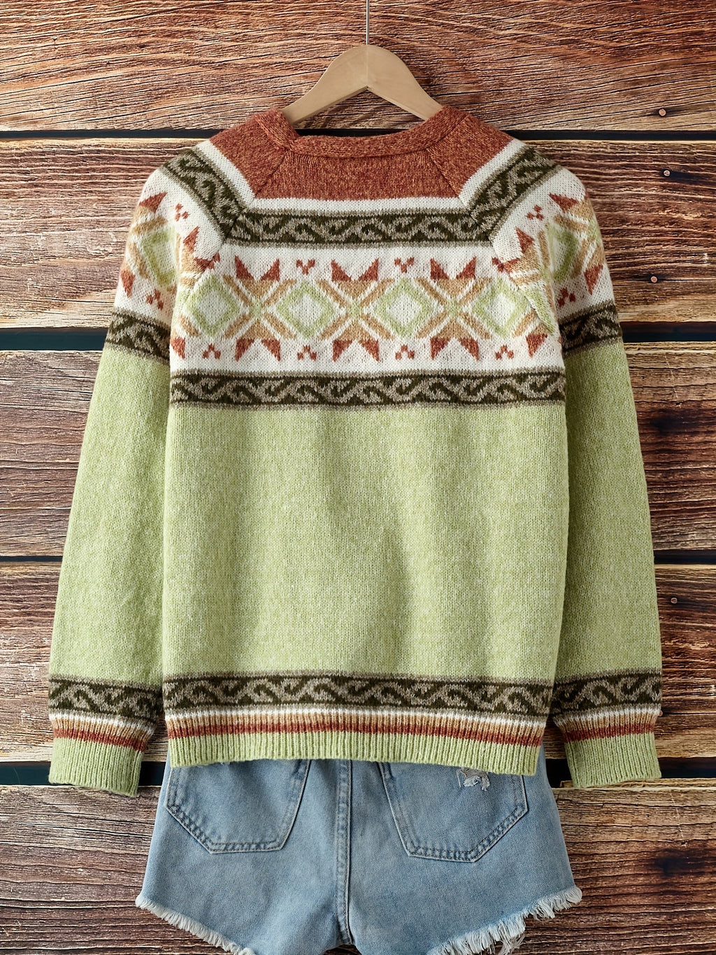 Women's Soft Knit Cardigan Sweater with Geometric Yoke Design