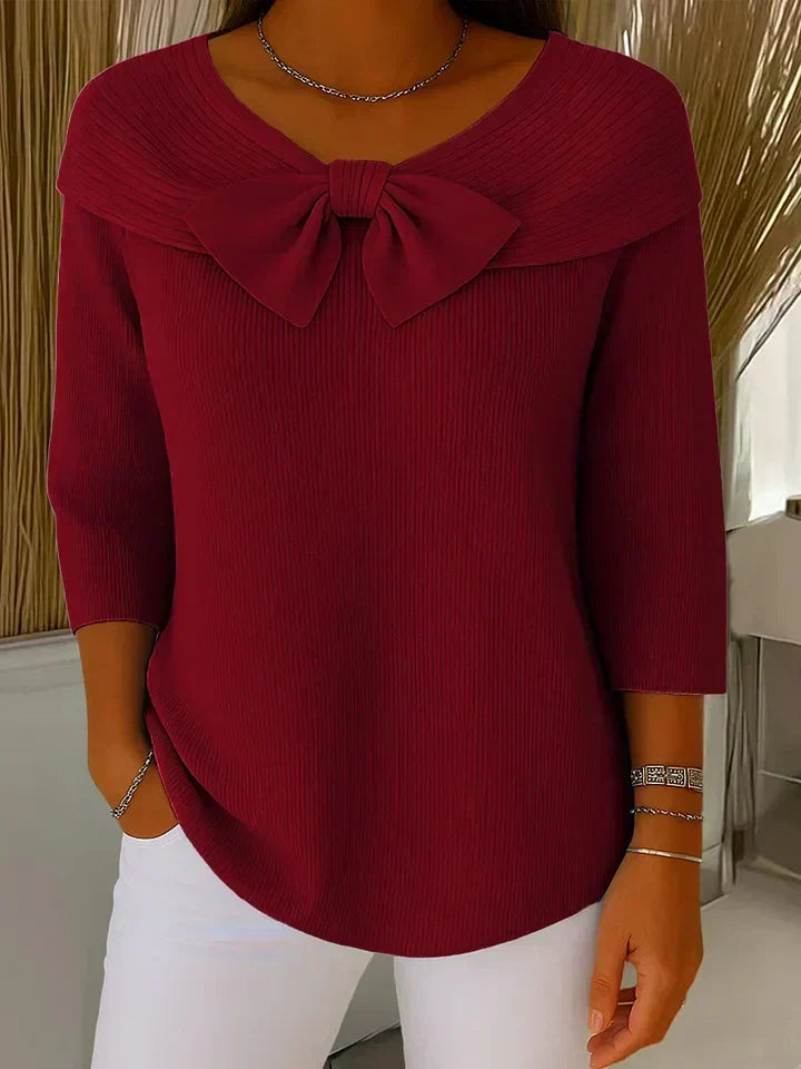 Women's Feminine Bow-Trimmed Snug Fit Sweater