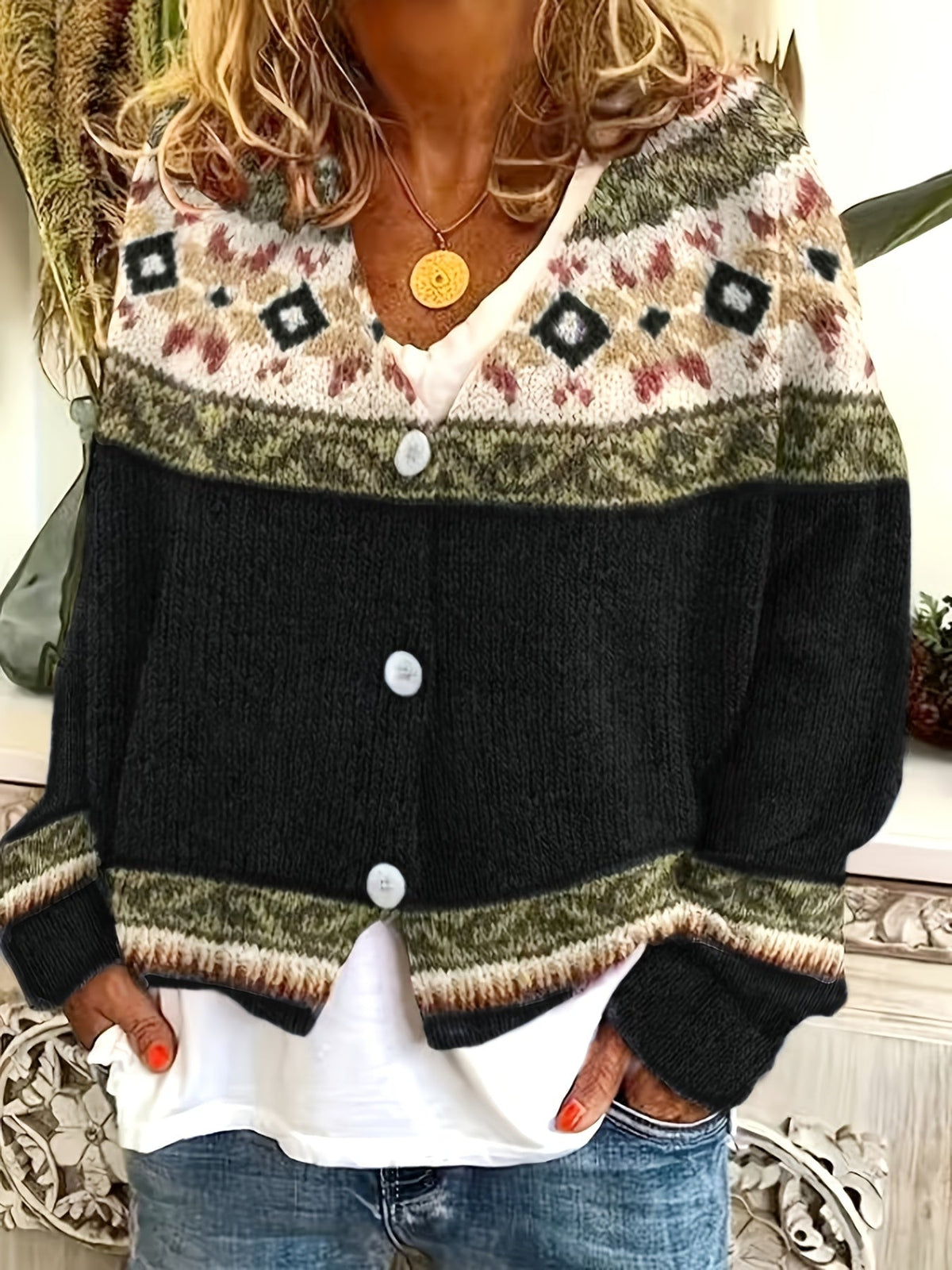 Women's Soft Knit Cardigan Sweater with Geometric Yoke Design