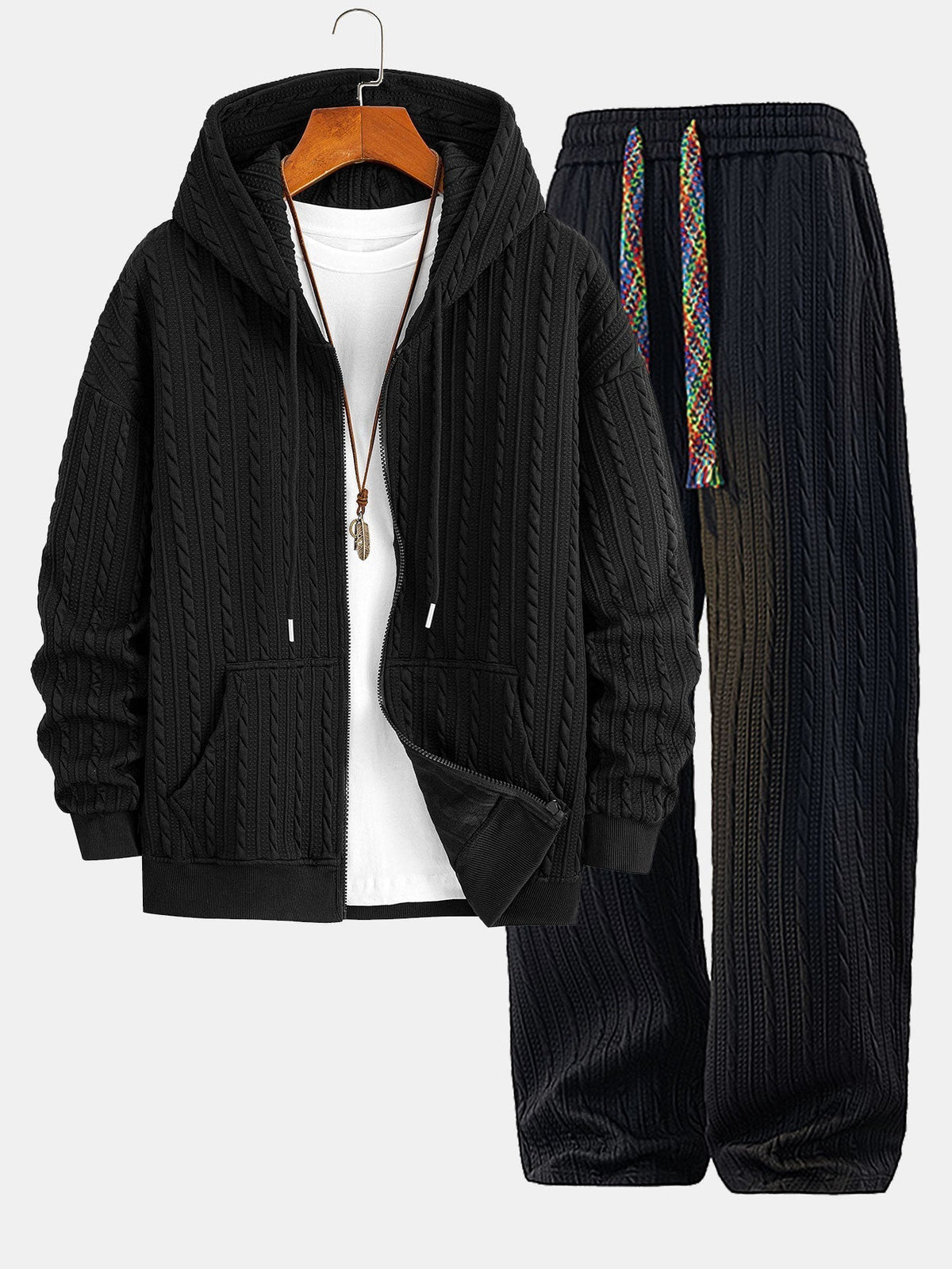 Men's Textured Jacquard Zip-Up Hoodie Two-Piece Sweatsuit