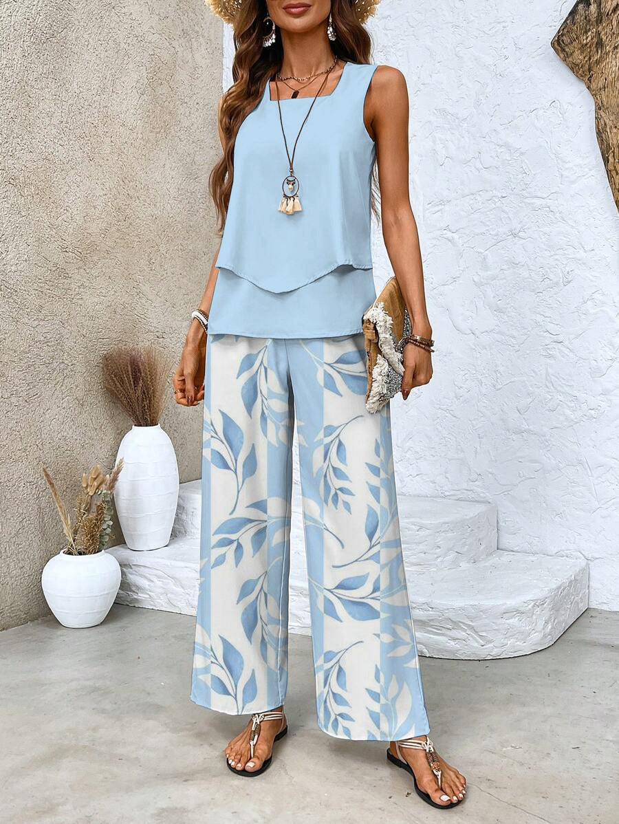 Women's Soft Flowing Leaf Print Lunch Outfit Set
