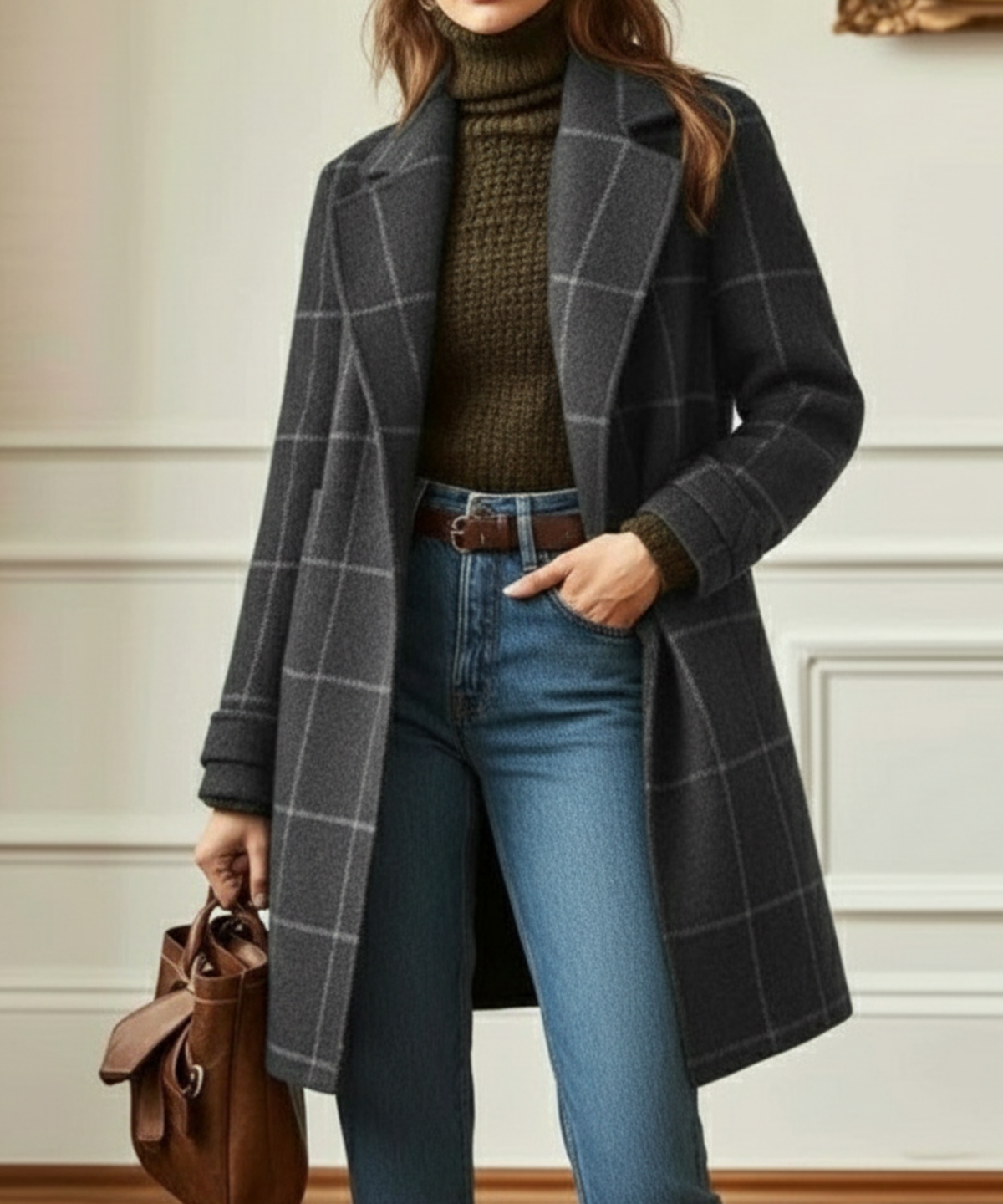 Women's Check Pattern Retro Tweed Topcoat