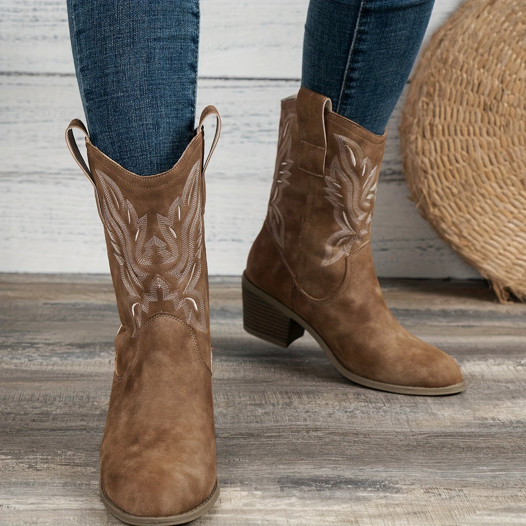 Women's Stacked Heel Wide Calf Embroidered Cowgirl Boots