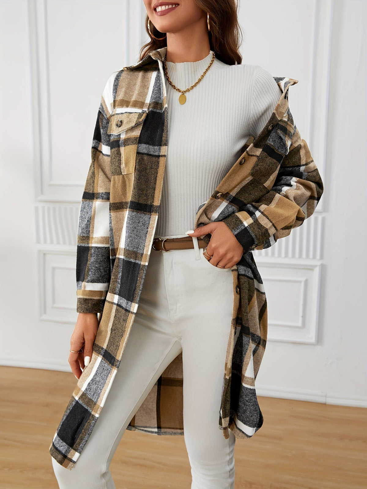 Women's Chest Pocket Longline Plaid Overcoat