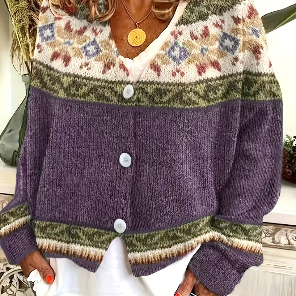 Women's Soft Knit Cardigan Sweater with Geometric Yoke Design