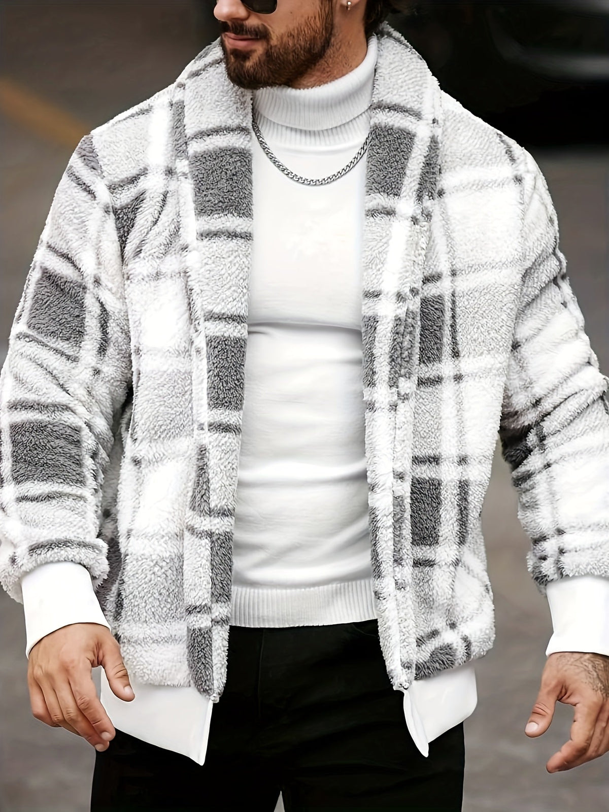 Men's Cozy Plaid-Look Loose-Fit Brushed Jacket