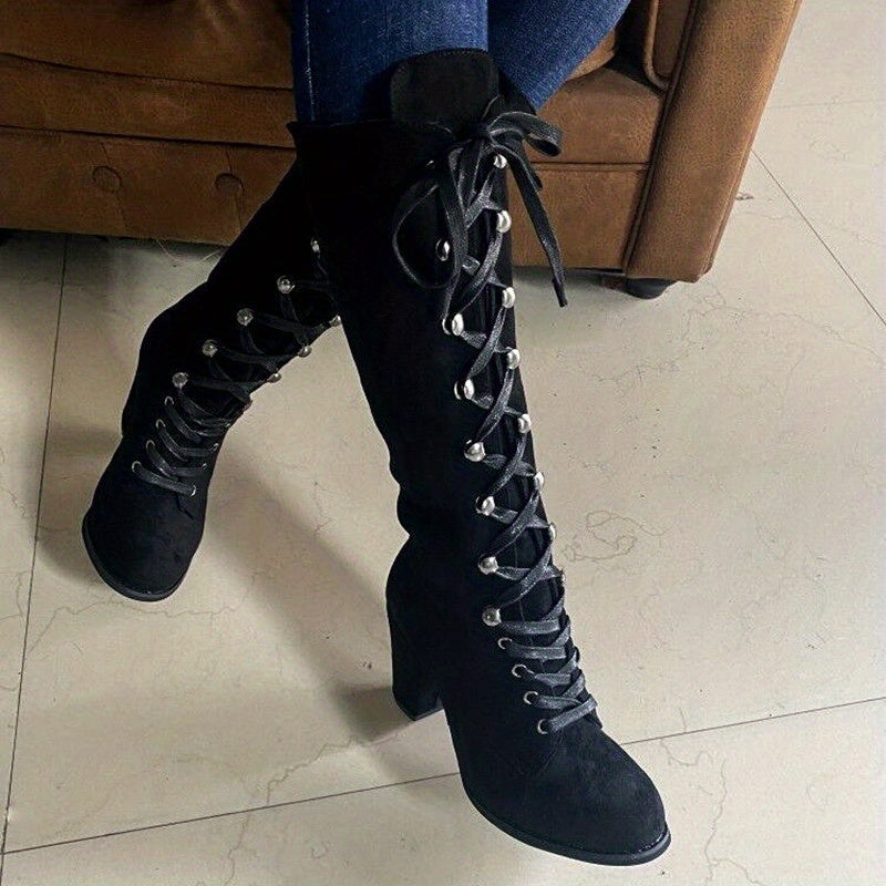 Women's Leg-Lengthening Chunky Heel Lace-Up Tall Boots