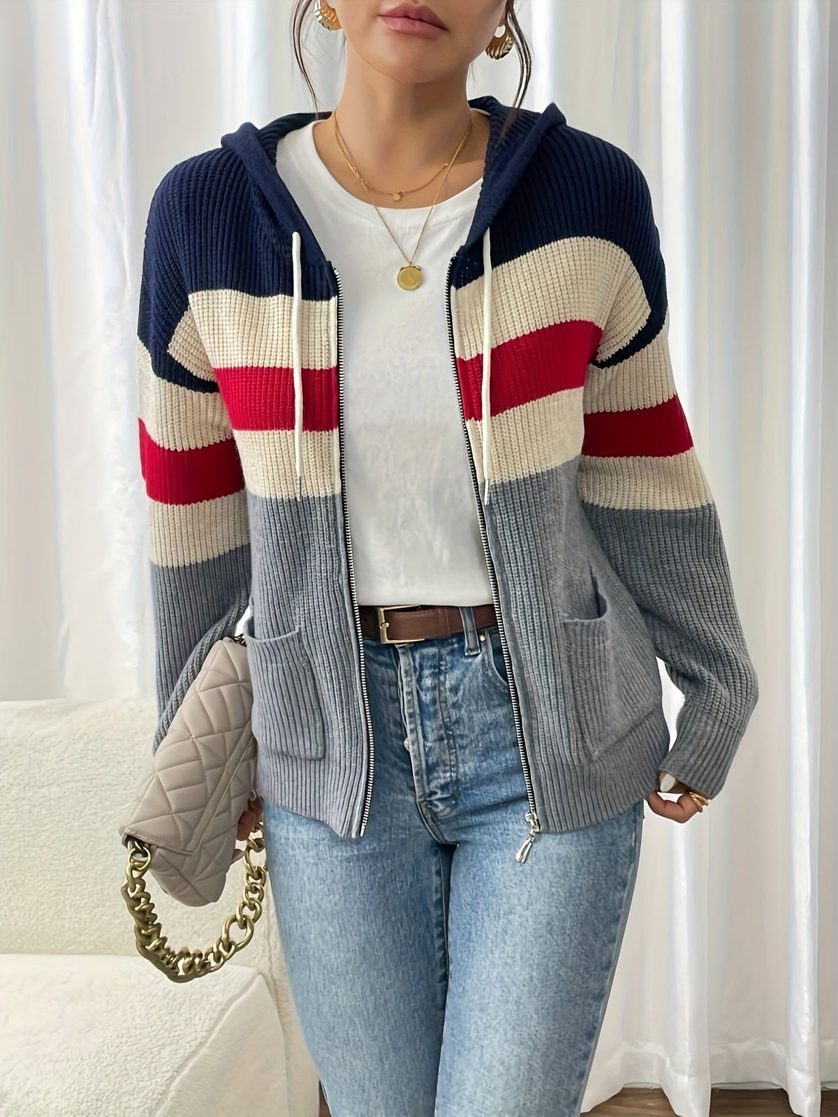 Women's Zip-Up Ribbed Hoodie Sweater Cardigan