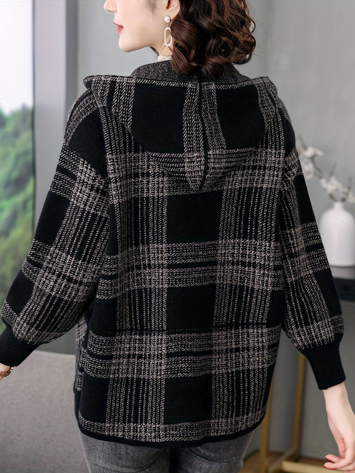 Women's Relaxed Check Print Hooded Zipper Jacket
