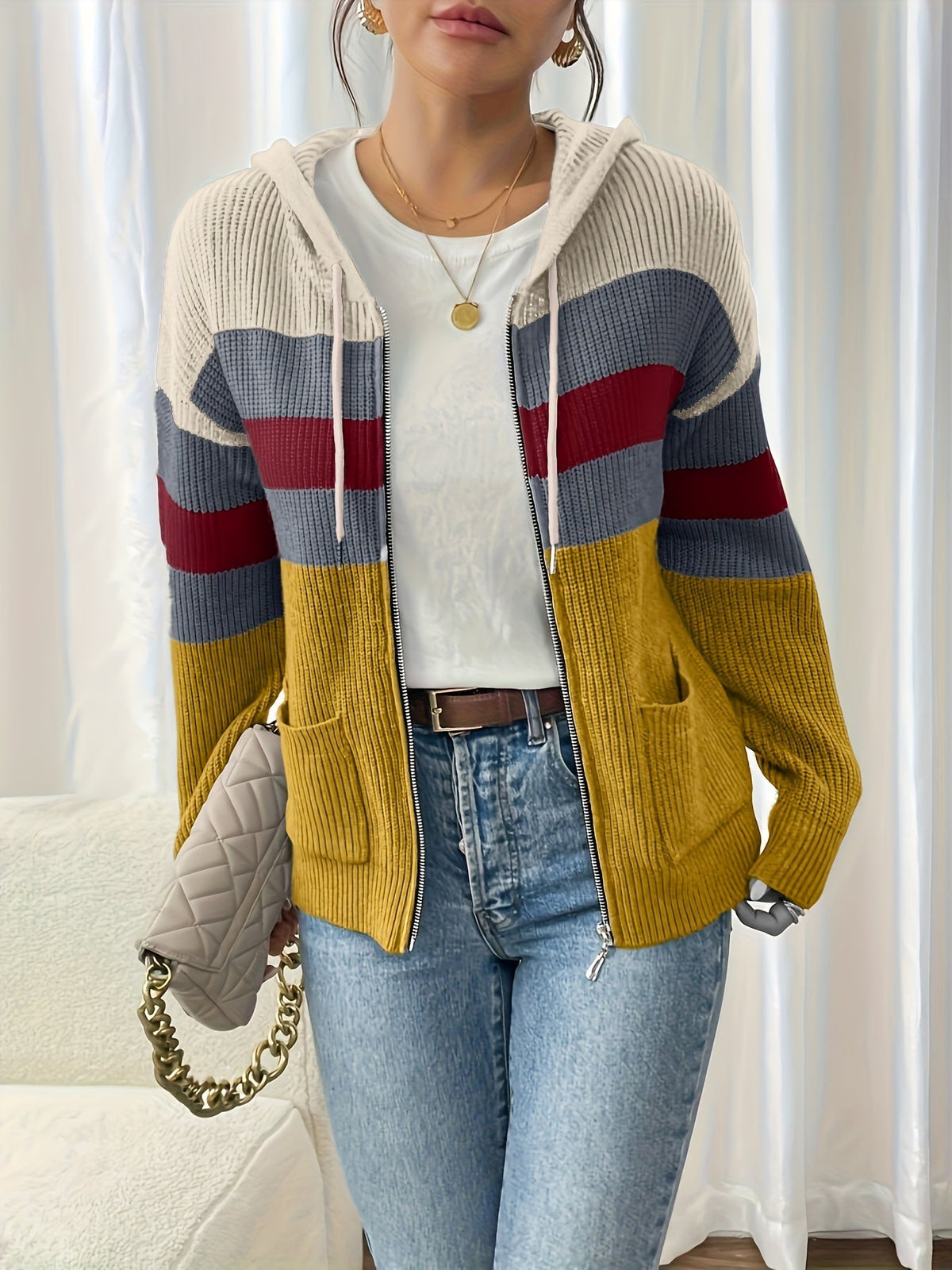 Women's Zip-Up Ribbed Hoodie Sweater Cardigan