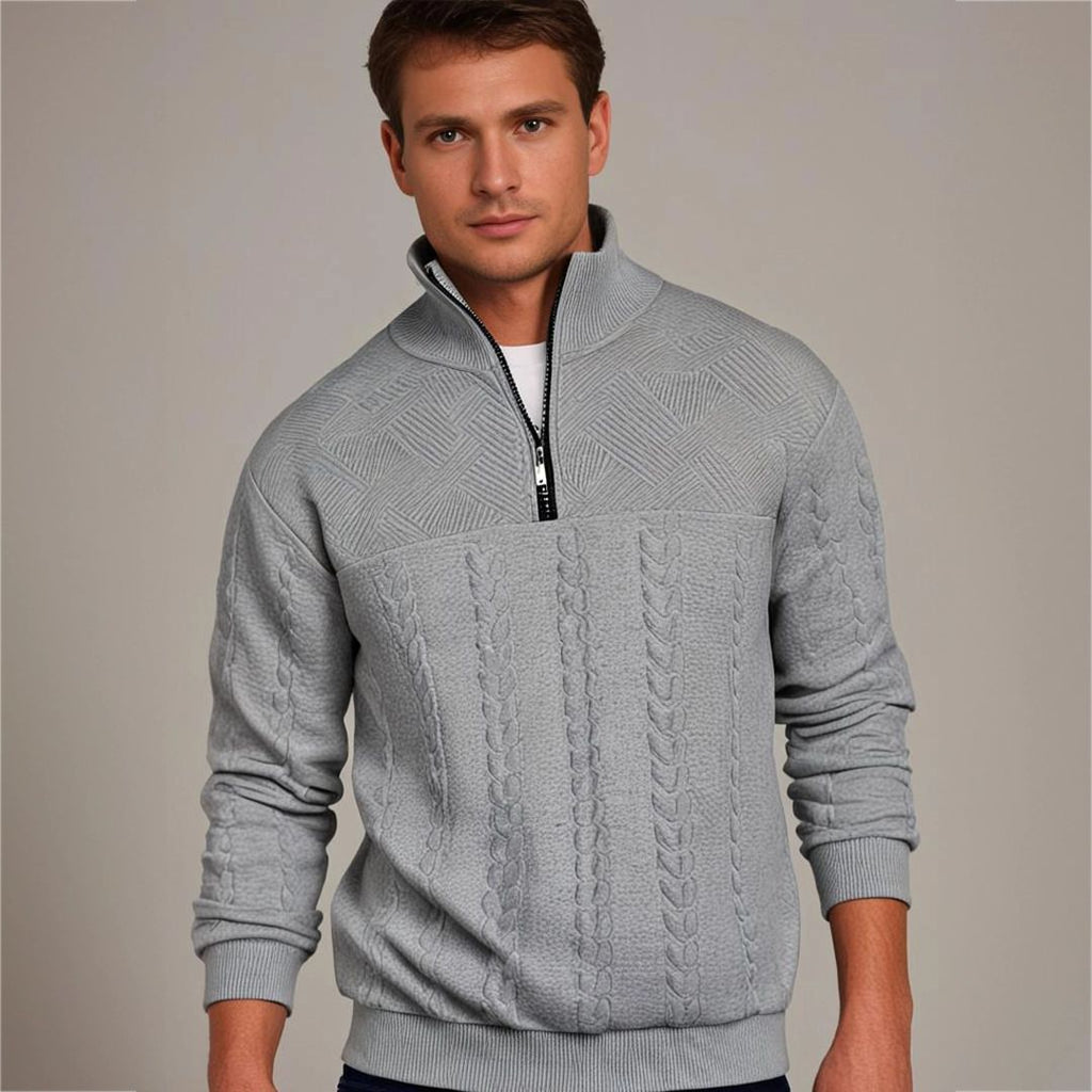 Men's Mixed Knit Panel Zip Neck Cable Sweater