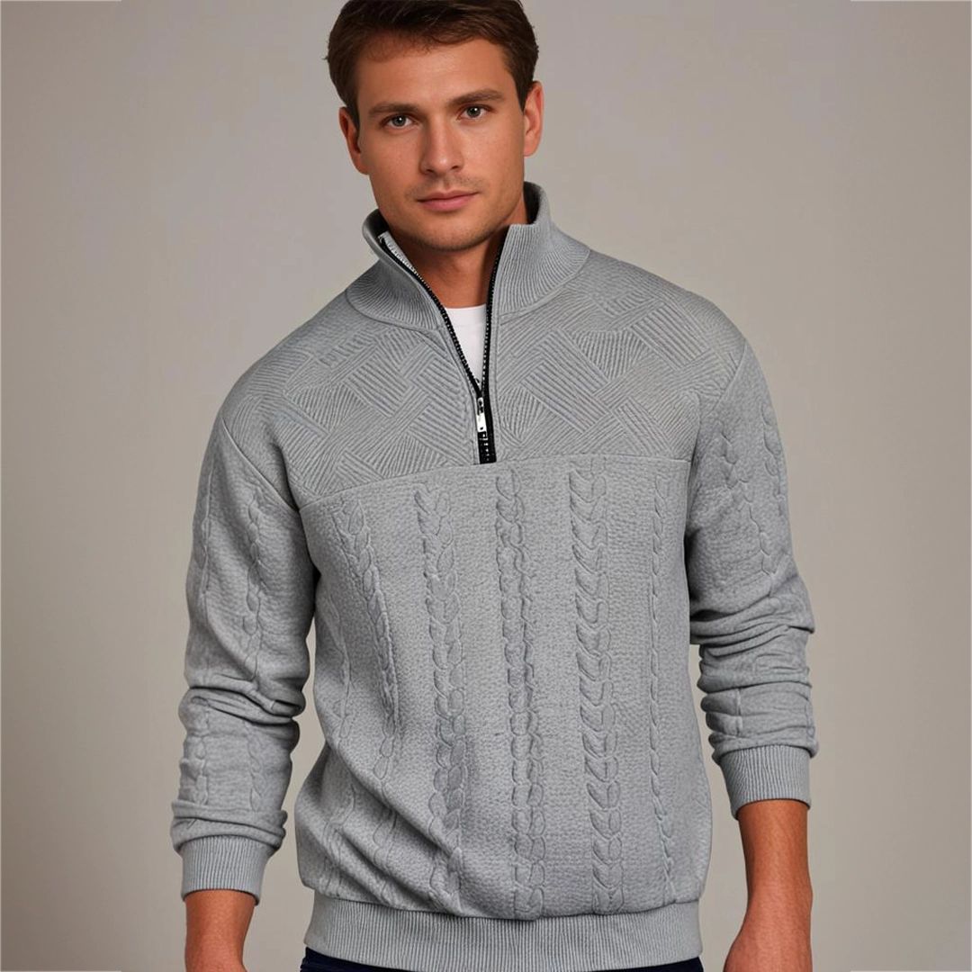 Men's Mixed Knit Panel Zip Neck Cable Sweater