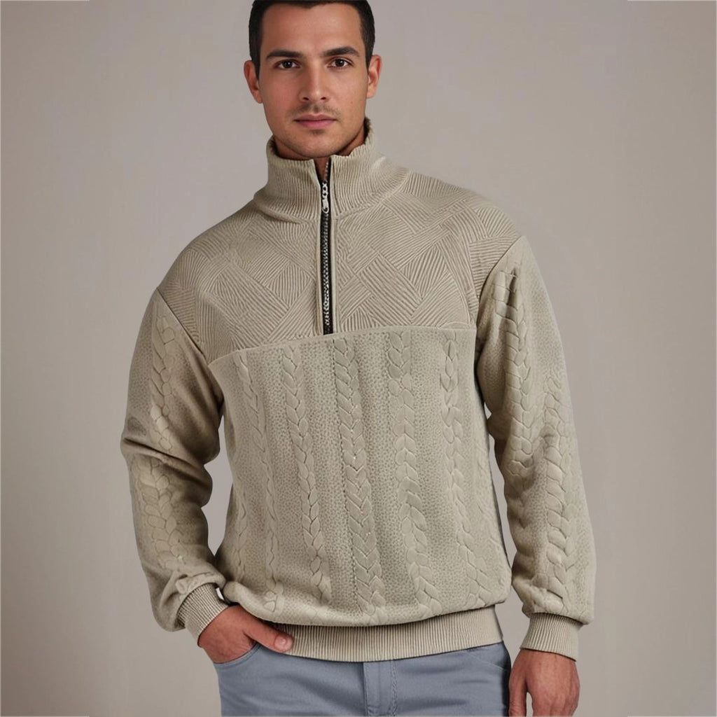 Men's Mixed Knit Panel Zip Neck Cable Sweater