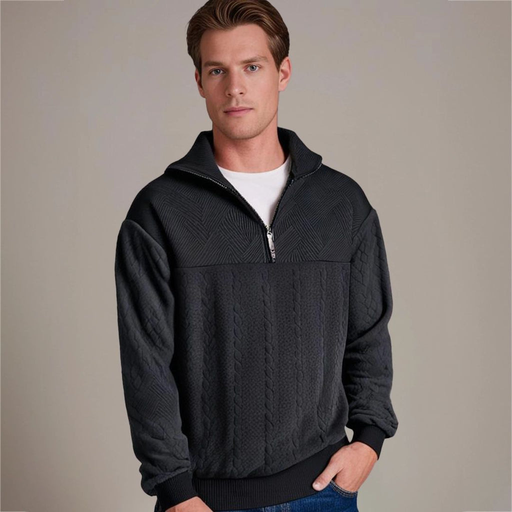 Men's Mixed Knit Panel Zip Neck Cable Sweater