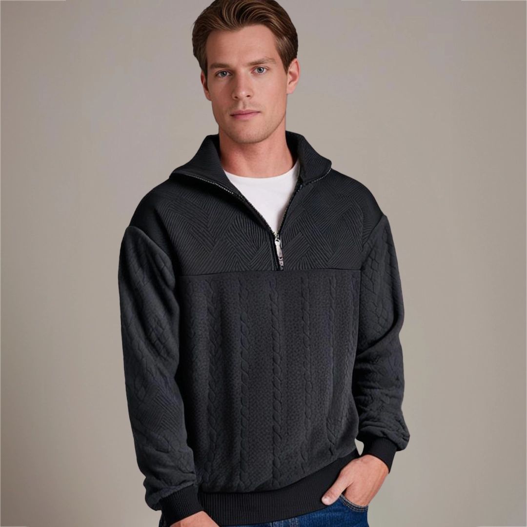 Men's Mixed Knit Panel Zip Neck Cable Sweater