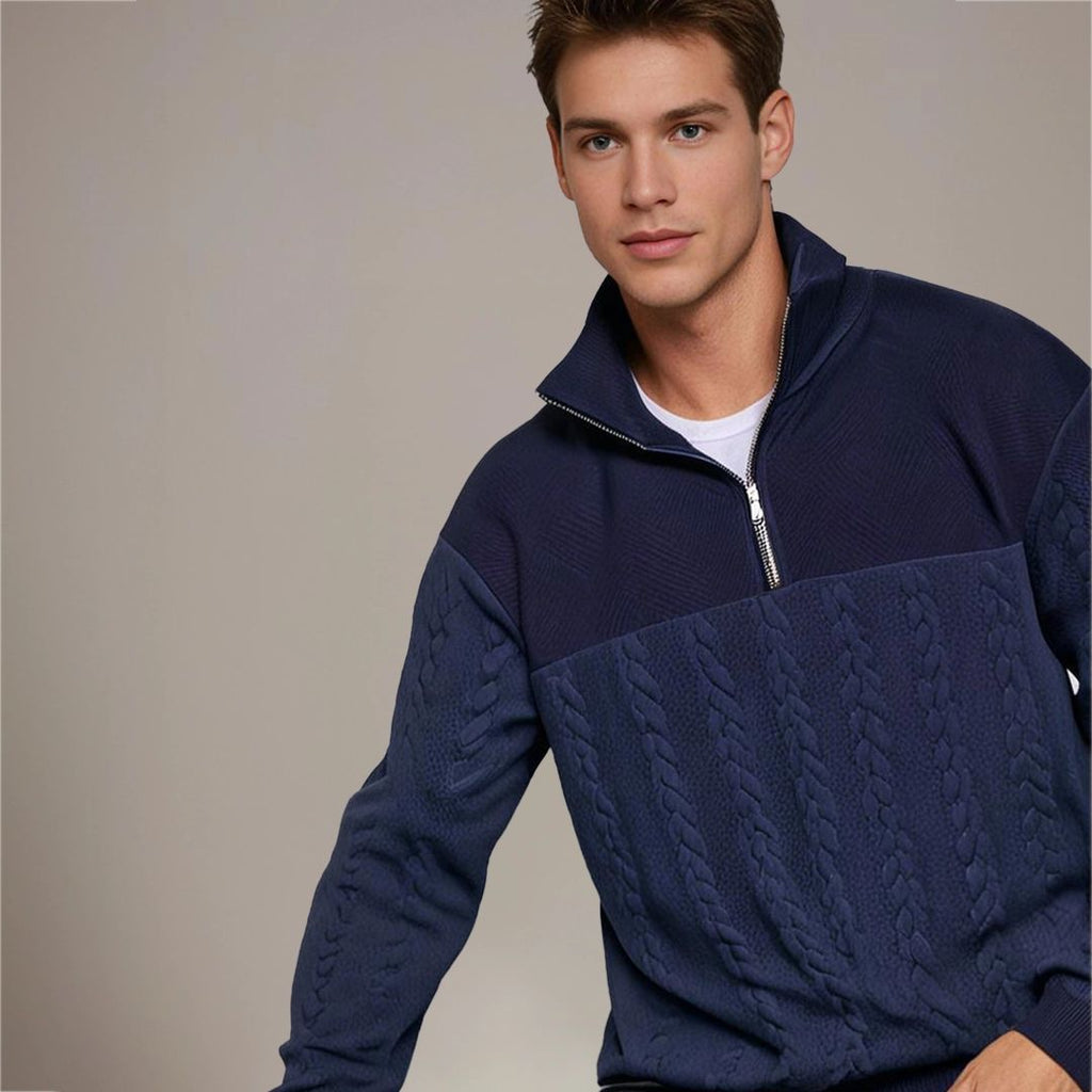 Men's Mixed Knit Panel Zip Neck Cable Sweater