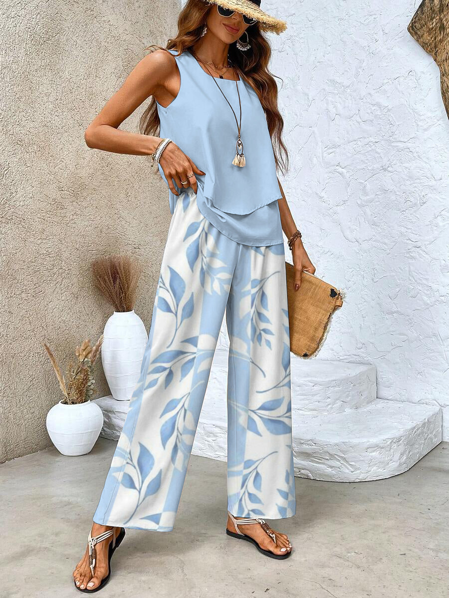 Women's Soft Flowing Leaf Print Lunch Outfit Set