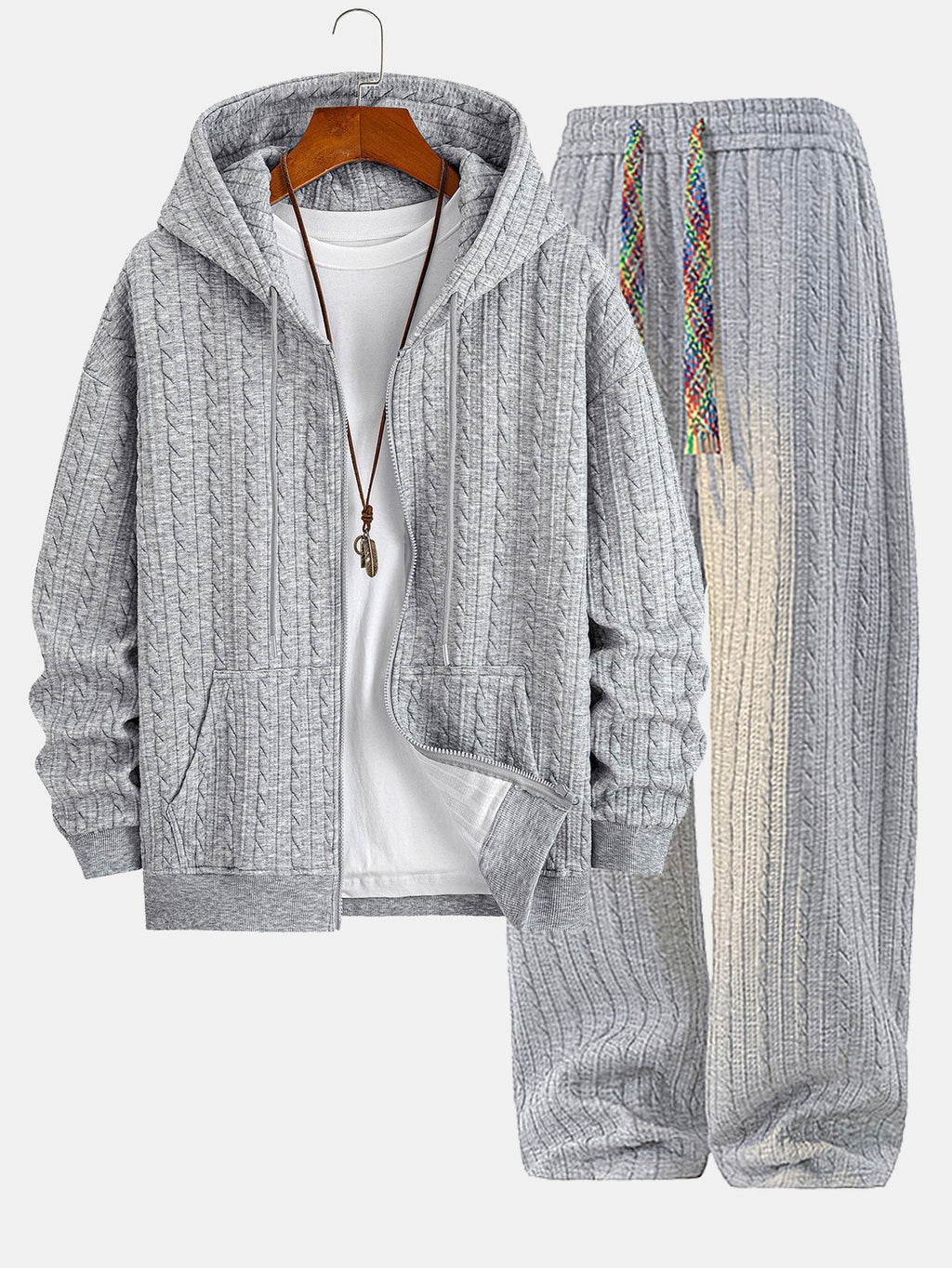 Men's Textured Jacquard Zip-Up Hoodie Two-Piece Sweatsuit