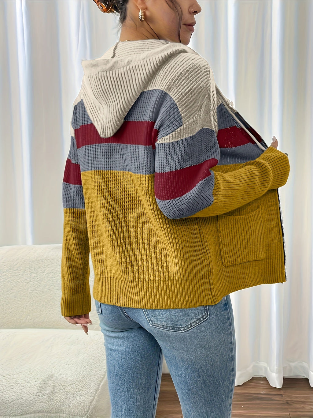 Women's Zip-Up Ribbed Hoodie Sweater Cardigan
