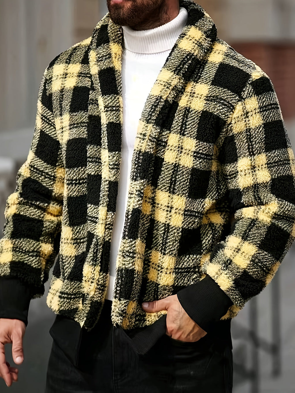 Men's Cozy Plaid-Look Loose-Fit Brushed Jacket
