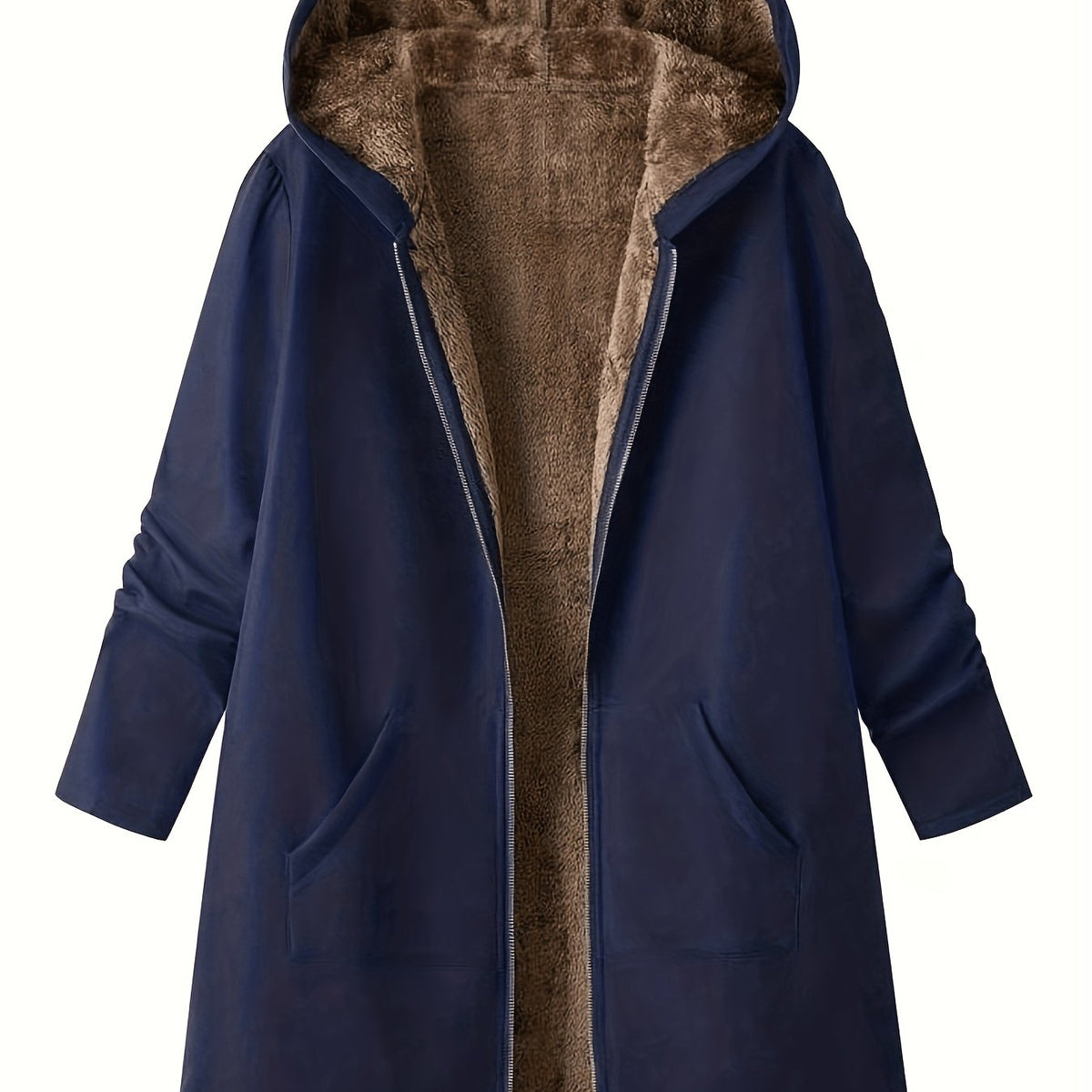 Women's Longline Zip-Front Coat with Soft Plush Hood