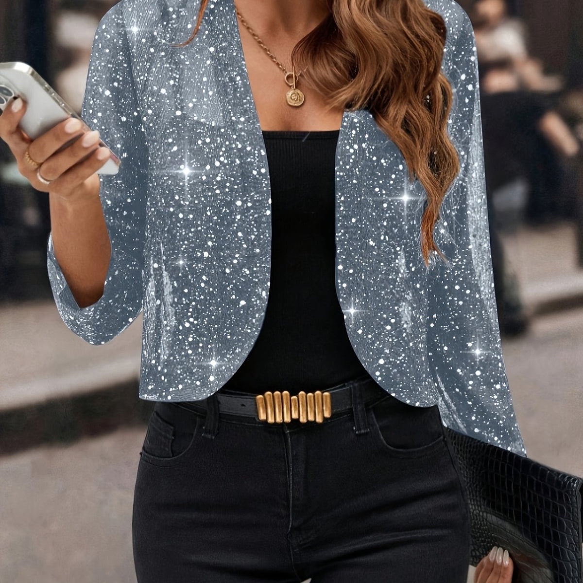 Women's Open-Front Cropped Jacket with Shimmer Finish