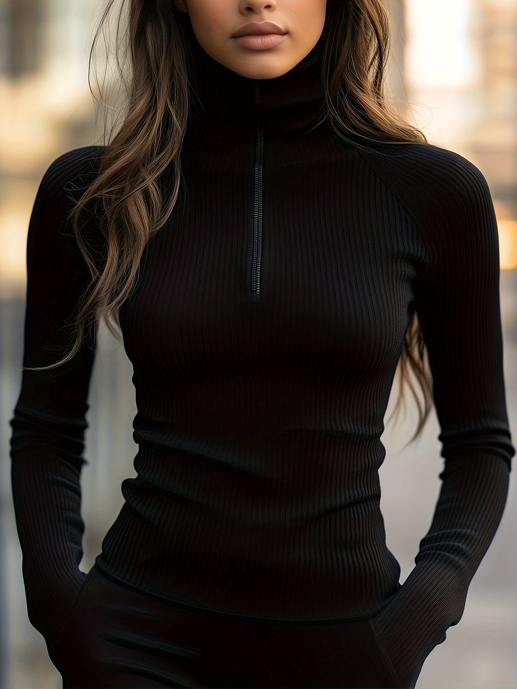Women's Smooth Half-Zip Turtleneck Ribbed Knit Top