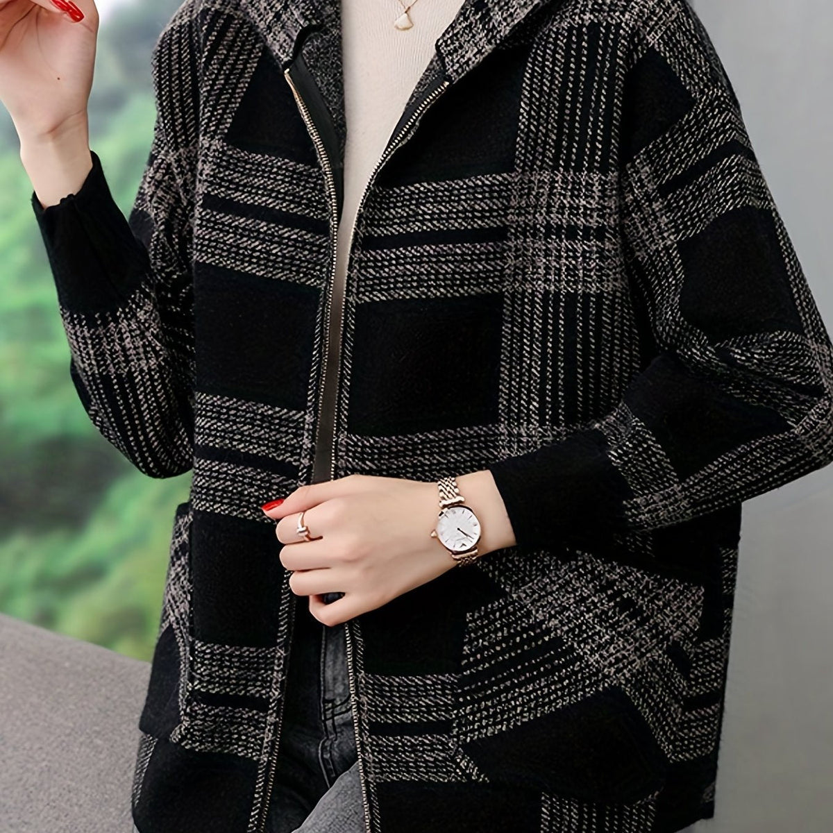 Women's Relaxed Check Print Hooded Zipper Jacket