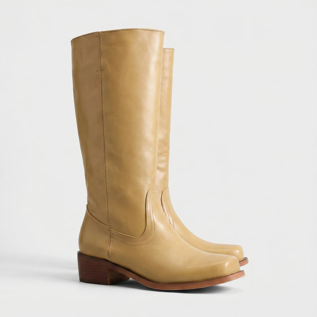 Women's Smooth Shaft Knee High Leather Boots, Square Toe