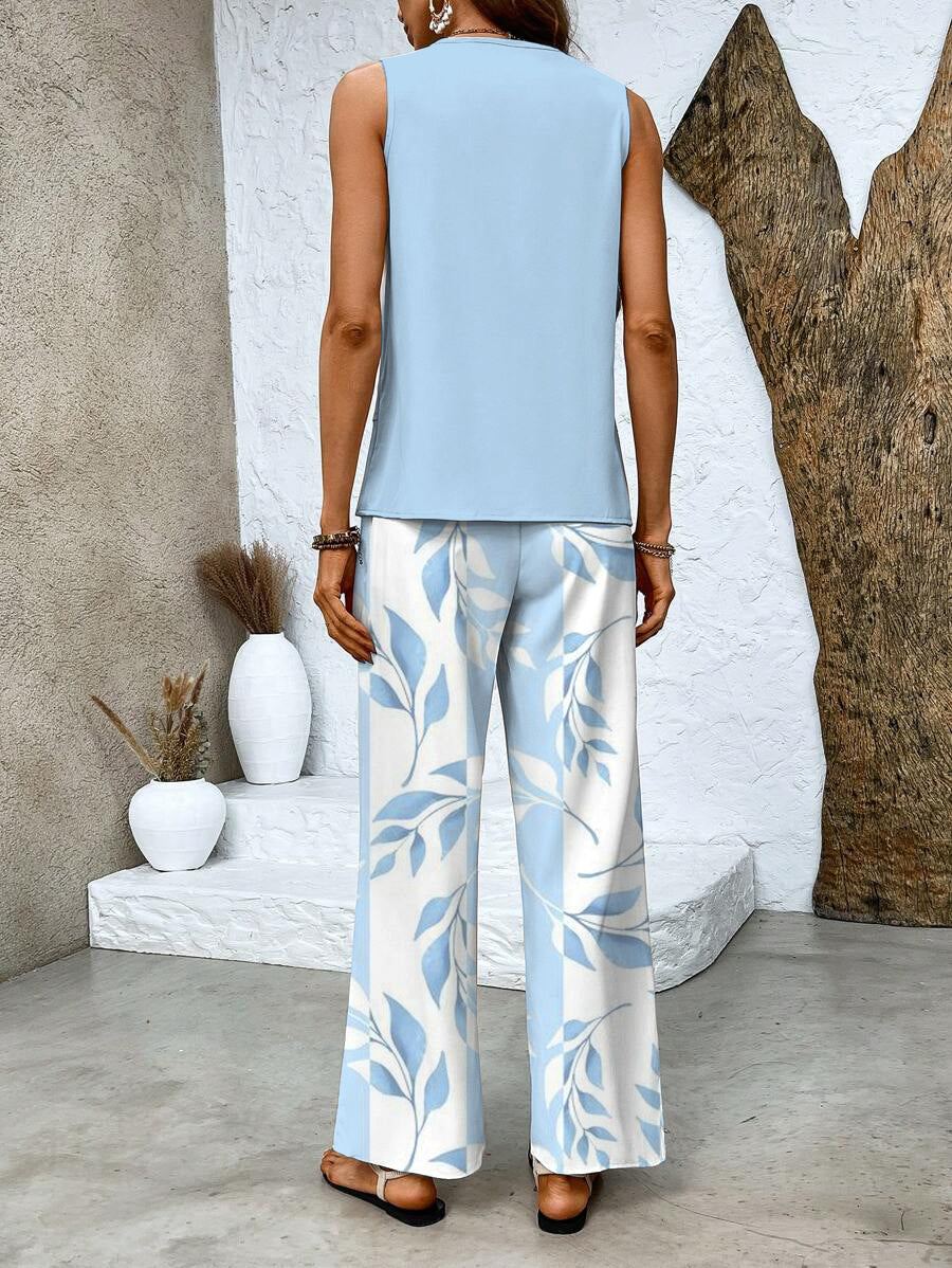 Women's Soft Flowing Leaf Print Lunch Outfit Set