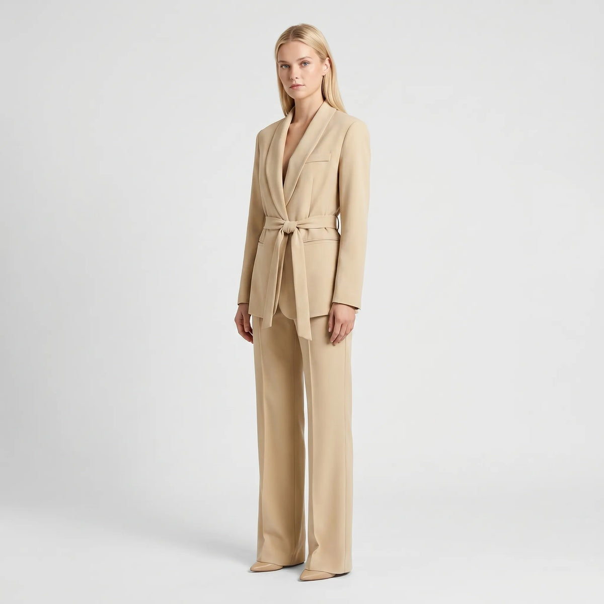 Women's Feminine Flowing Wide-Leg Pants Belted Suit Set