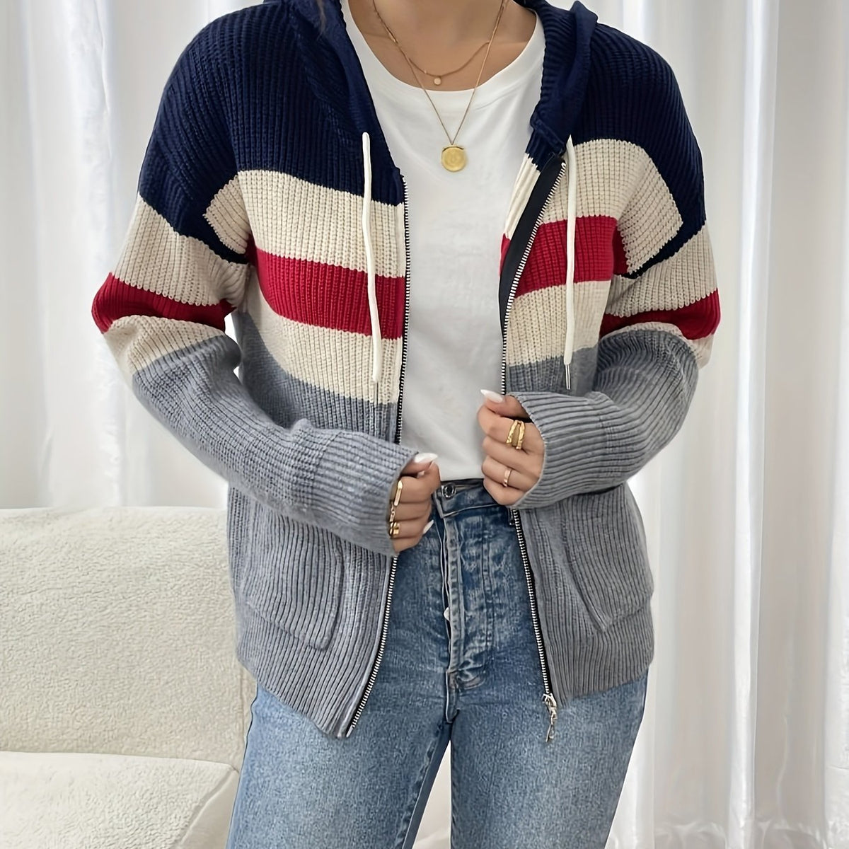 Women's Zip-Up Ribbed Hoodie Sweater Cardigan