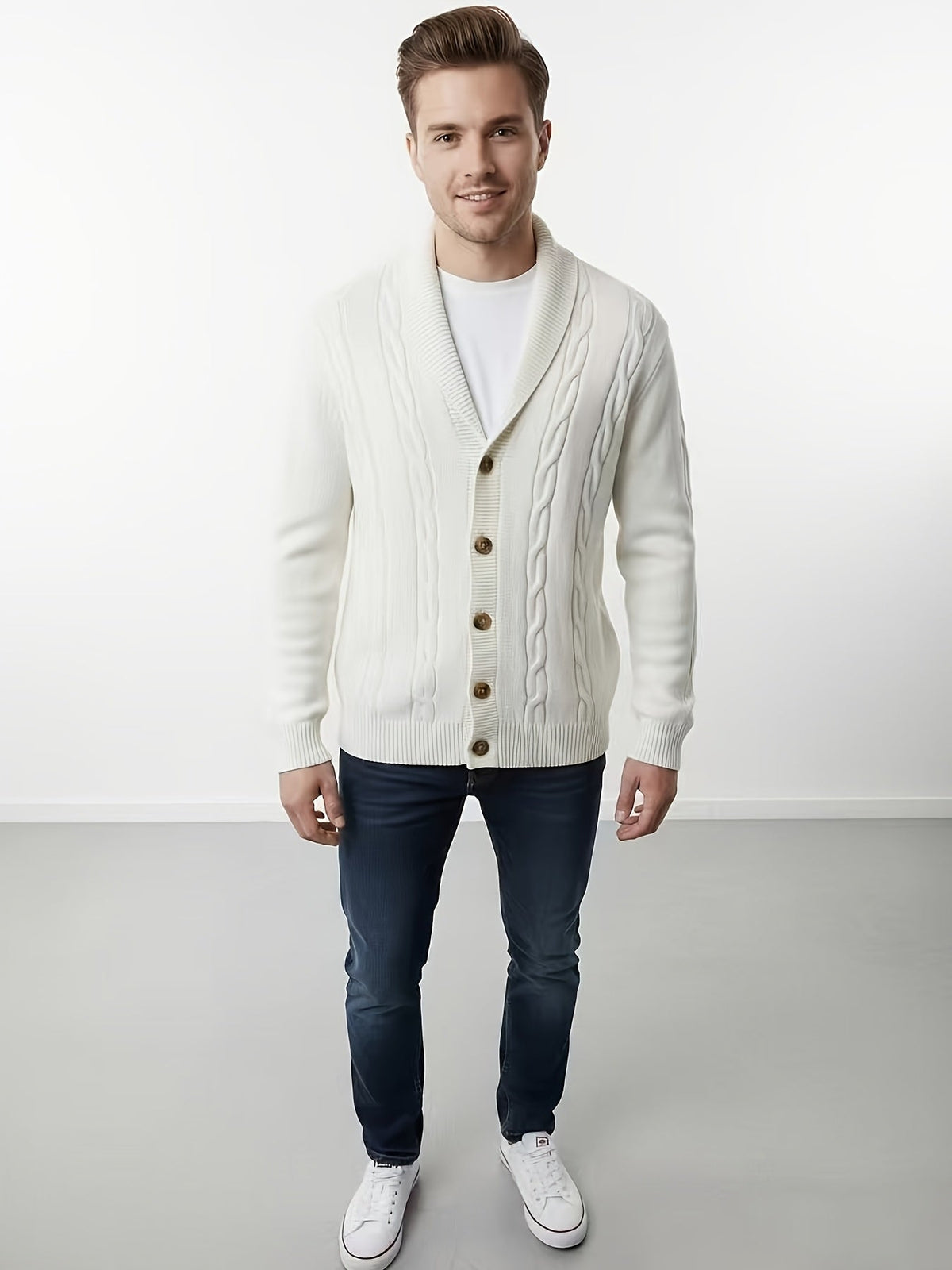 Men's Classic Shawl Neck Cable Knit Layering Cardigan