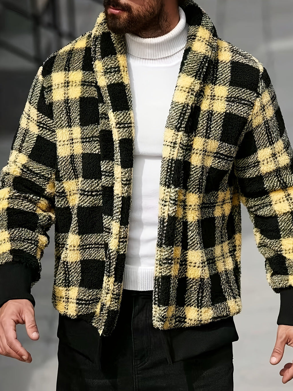 Men's Cozy Plaid-Look Loose-Fit Brushed Jacket